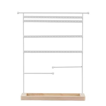 Iron Jewelry Display Stand with Wood Tray, Desktop Jewelry Organizer Holder for Earring Rings Bracelets Storage, White, 9.5x31x37cm