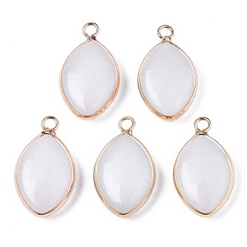 Natural White Jade Pendants, with Golden Plated Brass Edge and Loop, Horse Eye, 25x14x5.5mm, Hole: 2.5mm