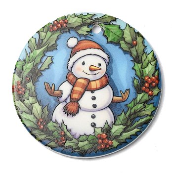 Christmas Handmade Printed Porcelain Big Pendants, Flat Round Charm, Snowman, 76x3.5mm, Hole: 5mm