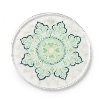 Acrylic Pendants, Round with Flower, Green, 35x35x2mm, Hole: 2mm