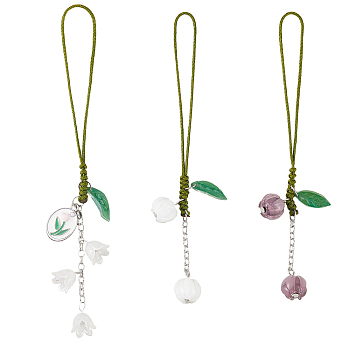 2 Sets Handmade Lampwork & Acrylic Flower Mobile Straps, Mixed Color, 150mm