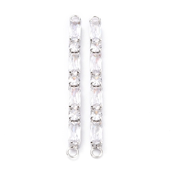 Brass Clear Cubic Zirconia Links Connectors, Long-Lasting Plated, Rectangle & Round, Real Platinum Plated, 58x4x4mm, Hole: 2.5mm