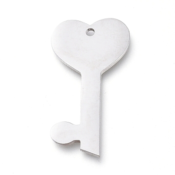 304 Stainless Steel Pendants, Manual Polishing, Laser Cut, Heart Key, Stainless Steel Color, 23.5x12.5x0.8mm, Hole: 1.2mm