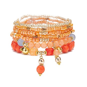 7Pcs 7 Style Natural & Synthetic Mixed Gemstone & Glass Seed Beaded Stretch Bracelets Set, Brass Bowknot Charms Stackable Bracelets for Women, Orange, Inner Diameter: 2~2-1/8 inch(5.15~5.5cm), 1Pc/style
