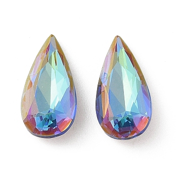 Glass Rhinestone Cabochons, Flat Back & Back Plated, Faceted, Teardrop, Bermuda Blue, 18x9x5mm