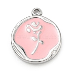 304 Stainless Steel Enamel Pendants, Flat Round with Rose Flower Pattern Charms, Stainless Steel Color, 21x17.5x2mm, Hole: 1.6mm(SA-CBA8A4A-04A-P)
