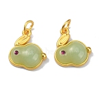 Rabbit Glass Charms, with Alloy Findings and Jump Ring, Imitation Hetian White Jade, Matte Gold Color, Dark Sea Green, 18x15x5mm, Hole: 4mm(GLAA-WH0030-09C)