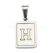 304 Stainless Steel Pave Natural White Shell Pendants, Rectangle with Letter Charms, Stainless Steel Color, Letter H, 17.5x12x1.5mm, Hole: 6x3mm(STAS-S130-03P-H)