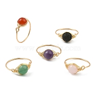 Natural Mixed Gemstone Braided Bead Finger Ring, Copper Wire Wrap Jewelry for Women, Real 18K Gold Plated, US Size 10(19.8mm)(RJEW-JR00588-02)