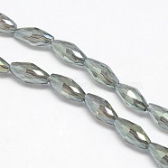 Electroplate Crystal Glass Rice Beads Strands, Faceted, Rainbow Color Plated, Dark Olive Green, 4x9mm, Hole: 1mm, about 58pcs/strand, 20.4 inch(EGLA-F042-A10)