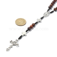 Wood Rosary Bead Necklaces, Alloy Virgin Mary with Cross Pendant Necklace for Women, Antique Silver, 25.98 inch(66cm)(NJEW-TA00081)