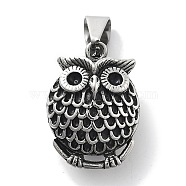 304 Stainless Steel Pendants, Owl Charm, Antique Silver, 32x23.5x15mm, Hole: 11.5x5.5mm(STAS-Z098-04AS)