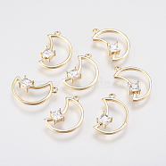Brass Micro Pave Cubic Zirconia Charms, Moon, Clear, Real 18K Gold Plated, 15x10x2.5mm, Hole: 1mm(KK-A144-017G)