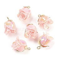 Opaque Resin Pendants, AB Color, Flower Charms with Golden Plated Alloy Leaf, Pink, 22.5x18x17mm, Hole: 2.3mm(RESI-K031-04C-G)
