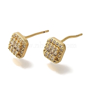 Rack Plating Brass Micro Pave Clear Cubic Zirconia Stud Earrings, Long-Lasting Plated, Square, Real 18K Gold Plated, 7x6mm(EJEW-U011-02G)