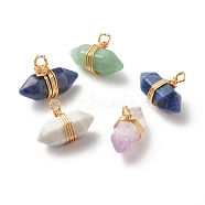 Natural & Synthetic Mixed Stone Double Terminated Pointed Pendants, with Copper Wire Wrapped, Faceted, Bullet, Real 18K Gold Plated, 15x23x9mm, Hole: 2mm(PALLOY-JF01247-01)