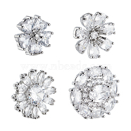 4Pcs 4 Style 1-Hole Brass Micro Pave Cubic Zirconia Shank Buttons, Flower, Platinum, 13~20x13.5~20x6.5~8mm, Hole: 1.4mm, 1pc/style(BUTT-NB0001-52)