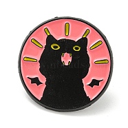 Cartoon Cat Enamel Pins, Black Alloy Badge for Women, Round, 24.3x1.4mm(JEWB-K016-10A-EB)