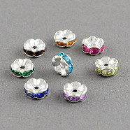 Brass Grade A Rhinestone Bead Spacers, Flat Round, Mixed Color, 8x3.5mm, Hole: 1.5mm(X-RB-S033-B)