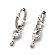 Crystal Rhinestone Skeleton Key Dangle Hoop Earrings, 304 Stainless Steel Jewelry for Women, Stainless Steel Color, 27mm, Pin: 0.9mm(EJEW-P219-04P)