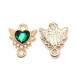 Zinc Alloy Links Connectors, with Rhinestone, Heart with Wing, Light Gold, Emerald, 14x12x2.5mm, Hole: 1.6mm(PALLOY-TAC0026-02D)