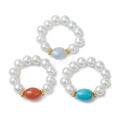 Oval Synthetic Turquoise & Natural Red Aventurine & Aquamarine Beaded Finger Rings, Round Glass Pearl Beaded Stretch Rings for Women, 8mm, Inner Diameter: 15mm, 3pcs/set(RJEW-JR00768)