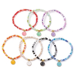 7Pcs Glass Seed Beads Stretch Bracelets, with Alloy Enamel Smiling Face Charms, Mixed Color, Inner Diameter: 2-1/8 inch(5.5cm)(BJEW-JB11219)