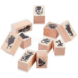 DIY Scrapbook Sets, with Wooden Stamps, Rectangle with Butterfly & Plant Pattern, BurlyWood, 22~42x22~45.5x24mm, 10pcs/box(DIY-WH0096-26)