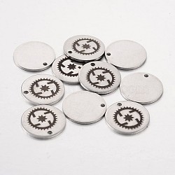 Non-Tarnish Stainless Steel Steampunk Pendants, Flat Round with Gear, Stainless Steel Color, 15x1mm, Hole: 1.3mm(STAS-O078-E01)