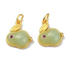 Rabbit Glass Charms, with Alloy Findings and Jump Ring, Imitation Hetian White Jade, Matte Gold Color, Dark Sea Green, 18x15x5mm, Hole: 4mm(GLAA-WH0030-09C)