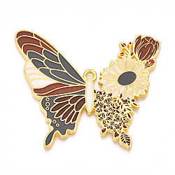 Rack Plating Alloy Enamel Big Pendants, Cadmium Free & Nickel Free & Lead Free, Butterfly with Flower Charms, Golden, Sienna, 55x63.5x2mm, Hole: 2.5mm(ENAM-N056-398B-G)