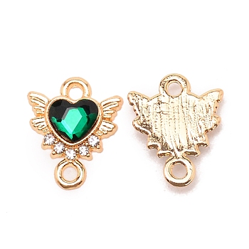 Zinc Alloy Links Connectors, with Rhinestone, Heart with Wing, Light Gold, Emerald, 14x12x2.5mm, Hole: 1.6mm