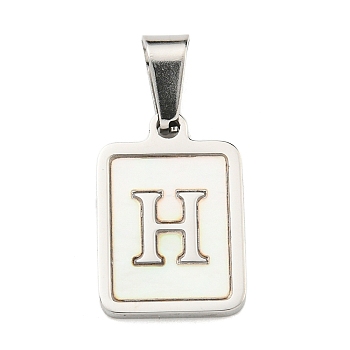 304 Stainless Steel Pave Natural White Shell Pendants, Rectangle with Letter Charms, Stainless Steel Color, Letter H, 17.5x12x1.5mm, Hole: 6x3mm