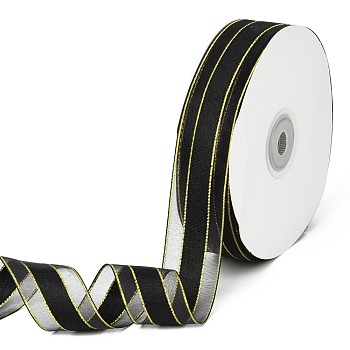Solid Color Organza Ribbons, Golden Wired Edge Ribbon, for Party Decoration, Gift Packing, Black, 1"(25mm), about 50yard/roll(45.72m/roll)