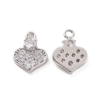 Brass Micro Pave Cubic Zirconia Charms, Heart Charm, Platinum, 12x9x2.7mm, Hole: 1.6mm