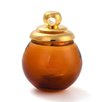 Glass Bottle Pendants, with 
Brass Cap, Wish Bottle Pendant, Refillable Bottle Pendant, Round, Golden, Sienna, 23.5mm, Hole: 2mm