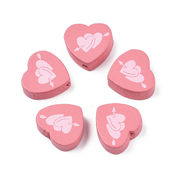 Spray Painted Maple Wood Beads, Printed, Heart, Light Coral, 16.5x17.5x6mm, Hole: 1.8mm, about 575pcs/500g
