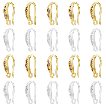 20Pcs 2 Colors Brass Micro Pave Clear Cubic Zirconia Earring Hooks, with Horizontal Loops, Cadmium Free & Lead Free, Golden & Silver, 14x9x3mm, Hole: 1.6mm, Pin: 1mm, 10Pcs/color