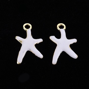 Rack Plating Alloy Pendants, with Enamel, Cadmium Free & Lead Free, Starfish, Light Gold, White, 17x11.5x3mm, Hole: 1.8mm