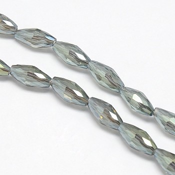 Electroplate Crystal Glass Rice Beads Strands, Faceted, Rainbow Color Plated, Dark Olive Green, 4x9mm, Hole: 1mm, about 58pcs/strand, 20.4 inch
