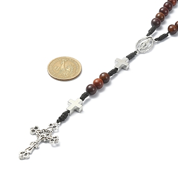 Wood Rosary Bead Necklaces, Alloy Virgin Mary with Cross Pendant Necklace for Women, Antique Silver, 25.98 inch(66cm)