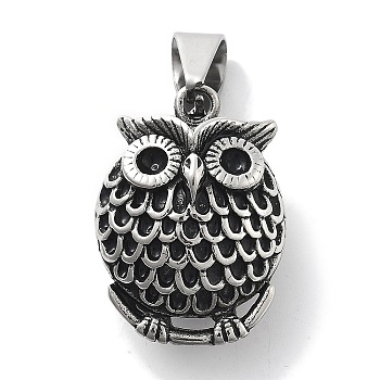 304 Stainless Steel Pendants, Owl Charm, Antique Silver, 32x23.5x15mm, Hole: 11.5x5.5mm