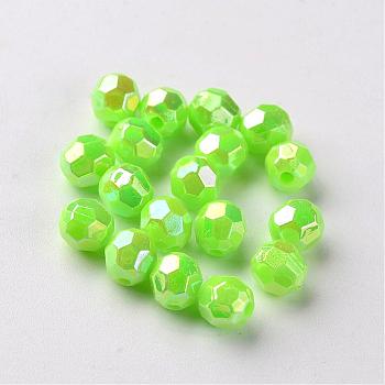 AB Color Plated Eco-Friendly Poly Styrene Acrylic Round Beads, Faceted, Lawn Green, 6mm, Hole: 1mm, about 5000pcs/500g