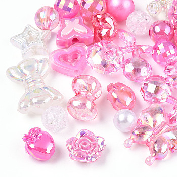 Acrylic Beads, Mixed Shapes, Hot Pink, 7~36.5x7~36.5x5.5~36.5mm, Hole: 1.8~4.5mm, about 299Pcs/500G