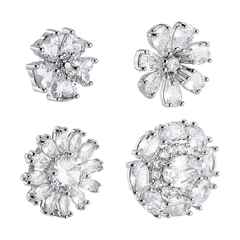 4Pcs 4 Style 1-Hole Brass Micro Pave Cubic Zirconia Shank Buttons, Flower, Platinum, 13~20x13.5~20x6.5~8mm, Hole: 1.4mm, 1pc/style