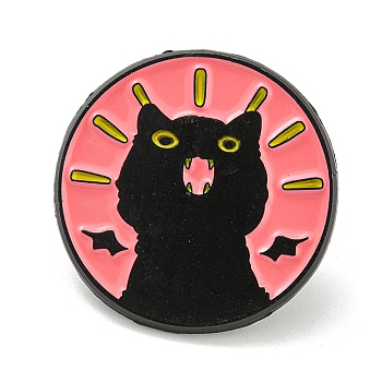 Cartoon Cat Enamel Pins, Black Alloy Badge for Women, Round, 24.3x1.4mm