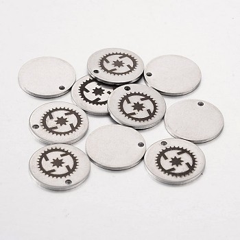 Stainless Steel Steampunk Pendants, Flat Round with Gear, Stainless Steel Color, 15x1mm, Hole: 1.3mm