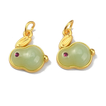 Rabbit Glass Charms, with Alloy Findings and Jump Ring, Imitation Hetian White Jade, Matte Gold Color, Dark Sea Green, 18x15x5mm, Hole: 4mm