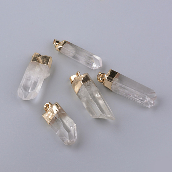 Electroplate Natural Quartz Crystal Pendants, Rock Crystal, with Iron Findings, Golden, 35~47x10~16x10~15mm, Hole: 6x3mm