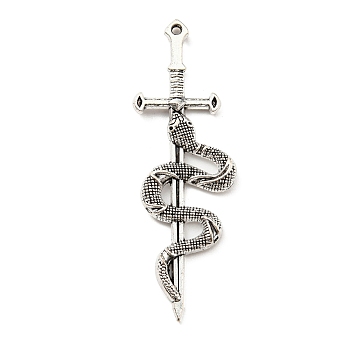 Alloy Big Pendants, Snake with Sword, Antique Silver, 54x18x4mm, Hole: 1.4mm